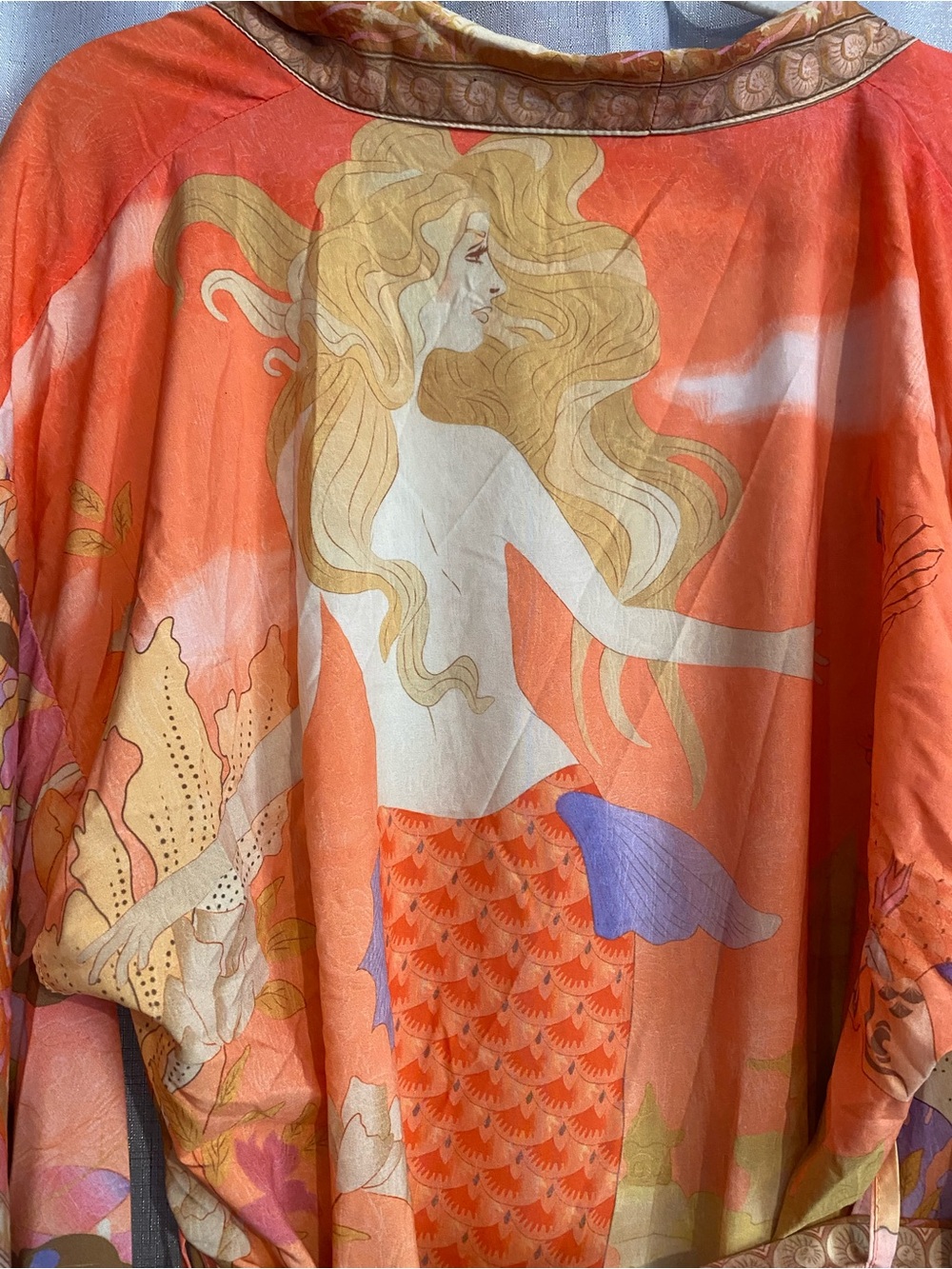 orange bohemian-style kimono features a mermaid print on the back and koi fish - Picture 4 of 9